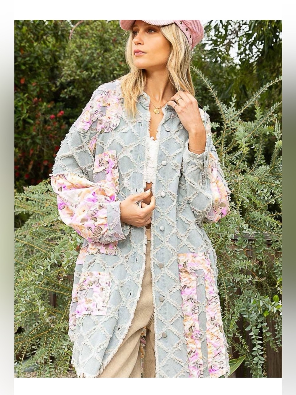 POL Pastel Floral Patchwork Shaggy Denim Duster Jacket Light Blue & Pink Sz M - Picture 2 of 6